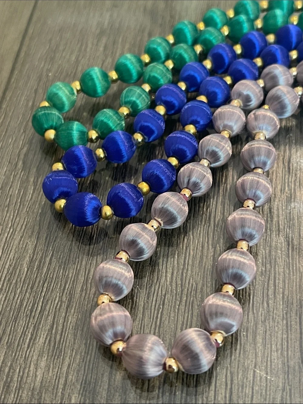 Vintage 3 Necklaces with Spun Silk Satin Beads Gold Tone Spacers 30 In. Approx